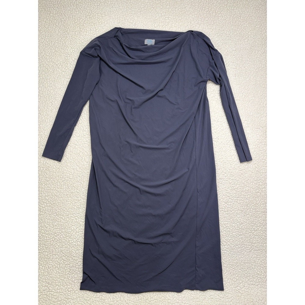 Maria Pinto M2057 Draped Cowl Neck Sheath Dress Grey Blue Medium Minimalist